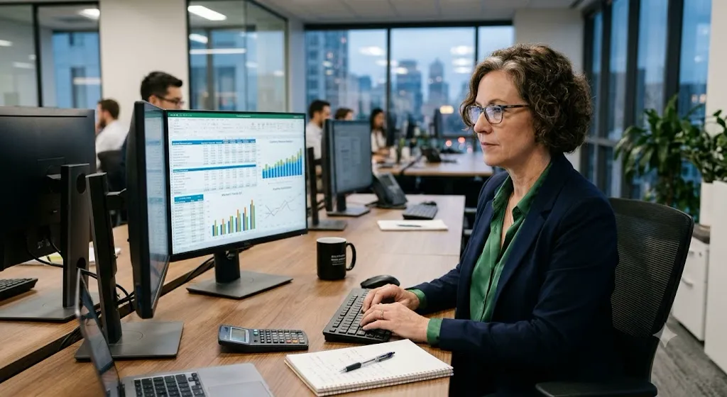 Insurance professional reviewing case information across documents and an analytics workspace