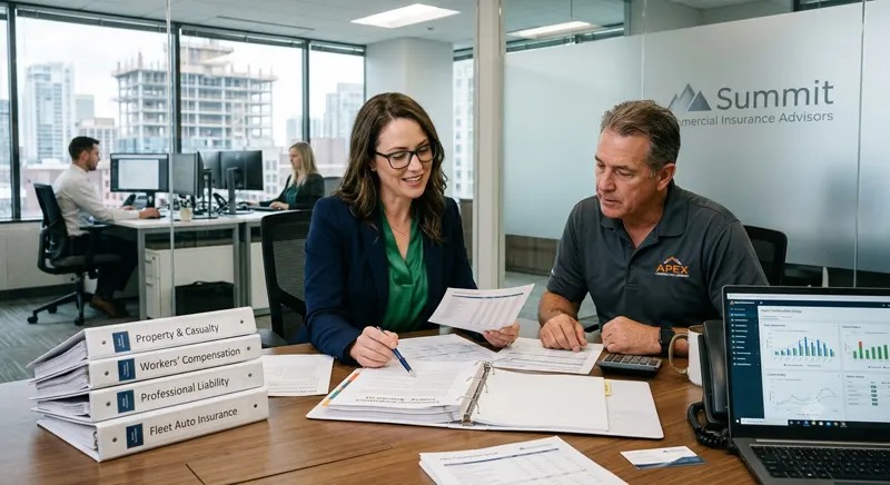 Commercial insurance team reviewing broker proposal files across lines of business