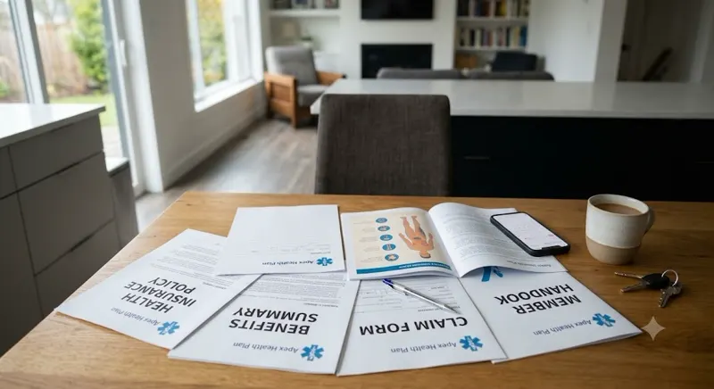 Health insurance policy, claim form and benefits summary documents on a desk