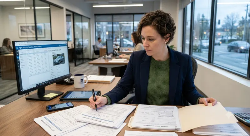 Insurance claims reviewer checking a motor claim file against vehicle damage photos on screen